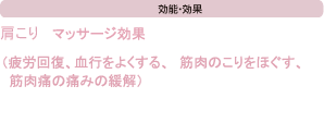効能・効果 肩こり 末梢神経マヒ●マッサージ効果 疲労回復 血行をよくする 神経痛、筋肉痛の痛みの緩解 筋肉のコリをほぐす