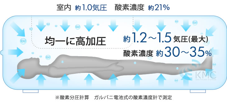 均一に高加圧約1.2〜1.5 気圧(最大) 酸素濃度 約30〜35%