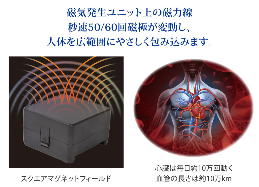 磁気発生ユニット上の磁力線秒速50/60回磁極が変動し、人体を広範囲にやさしく包み込みます。