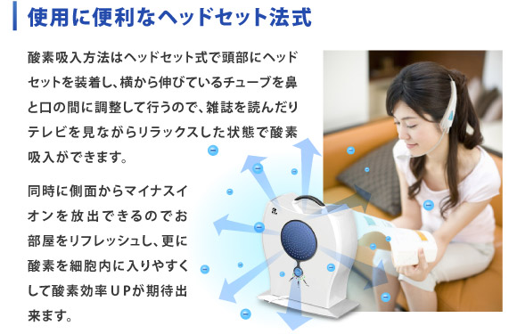 使用に便利なヘッドセット法式〜雑誌やテレビを見ながらリラックスした状態で酸素吸入ができます。〜